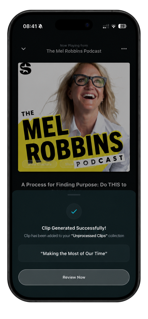 ClipCast confirming that a podcast moment has been captured successfully