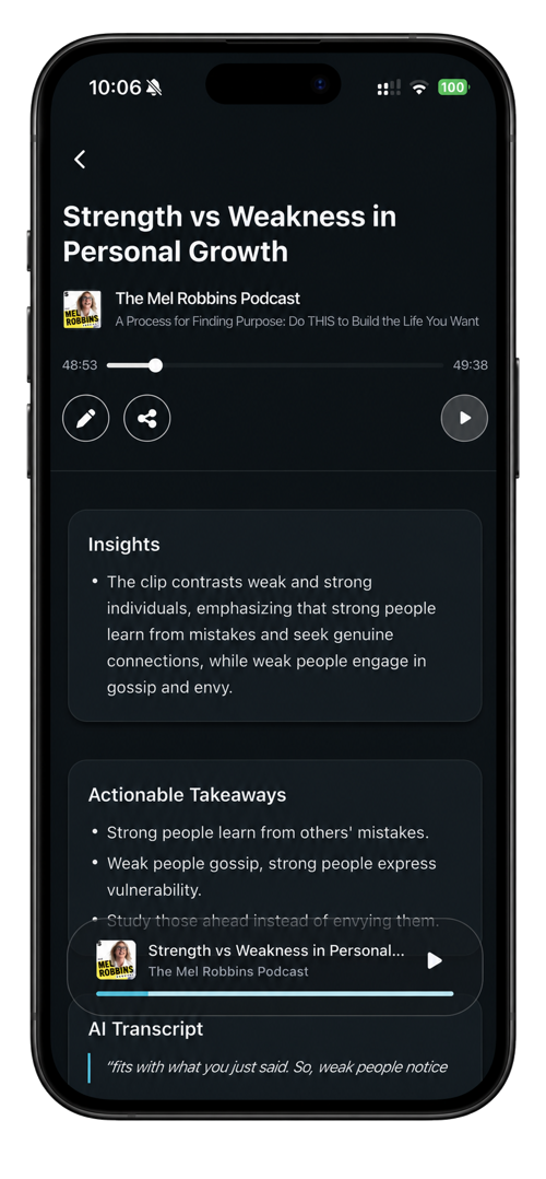 A saved ClipCast clip showing its insights, actionable takeaways and transcript