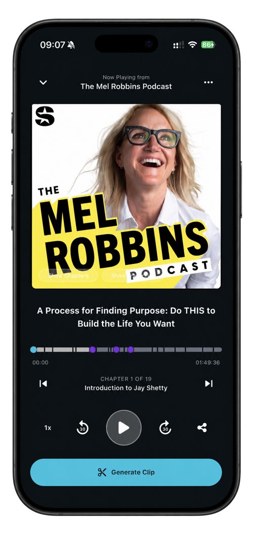 The ClipCast player playing an episode of The Mel Robbins Podcast