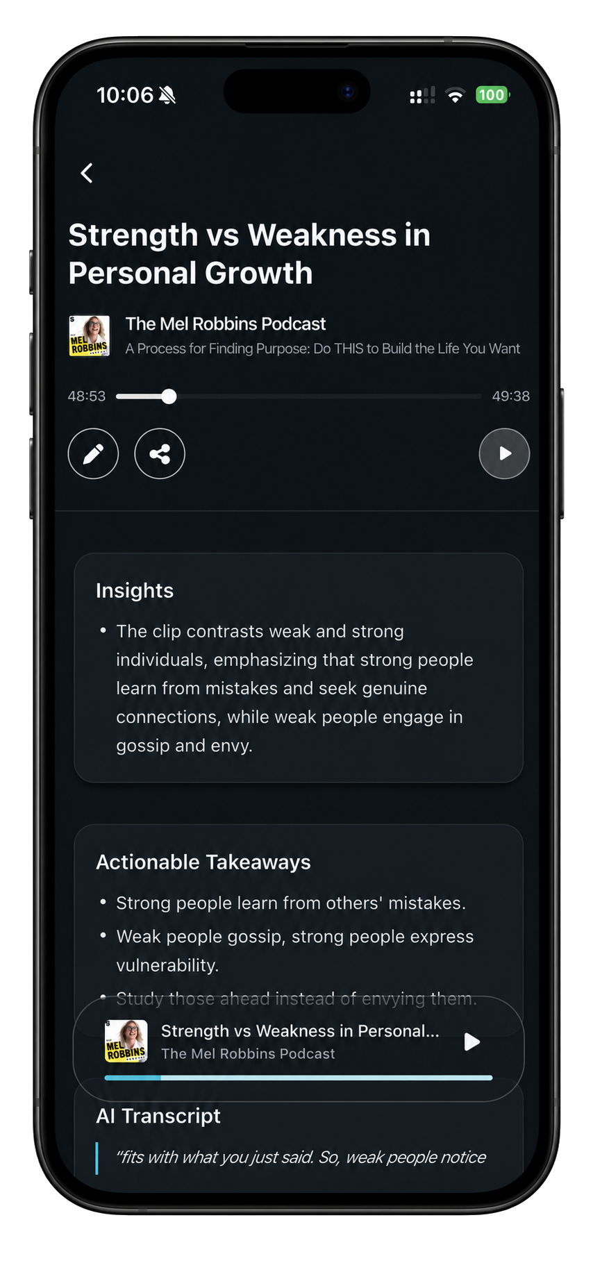 A saved ClipCast clip showing its insights, actionable takeaways and transcript