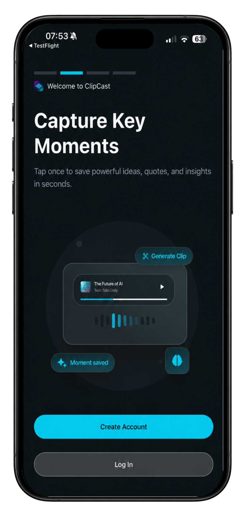 A ClipCast screen capturing a key moment, confirming the moment was saved