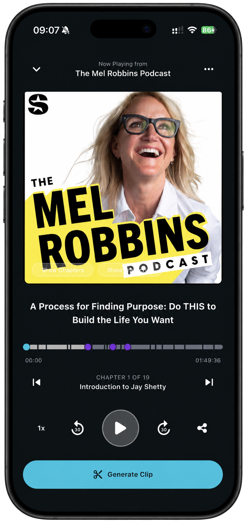 The ClipCast player playing an episode of The Mel Robbins Podcast
